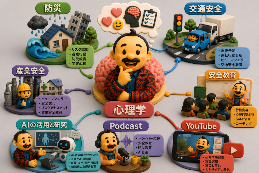 安全心理学者・島崎敢の活動領域と研究テーマの全体像を示すインフォグラフィック(クレイアニメ風ジオラマ)。中心の「心理学」から各領域へ矢印が伸びる構造。
各領域の記載内容:
1. 防災(リスク認知、避難行動、防災教育、災害心理)
2. 交通安全(危険予測、運転行動分析、ヒューマンエラー、交通安全教育)
3. 産業安全(ヒューマンエラー、安全文化、リスクアセスメント、労働安全教育)
4. 安全教育(行動変容、心理的安全性、Safety II、コーチング)
5. AIの活用と研究(AIの活用ノウハウ研究、人間とAIの協調、信頼・安全・説明可能性、AI活用の心理的影響)
6. Podcast(ドライバー応援、安全教育、防災教育、AI音楽)
7. YouTube(研究成果発信、実証実験、安全と防災、わかりやすい解説)